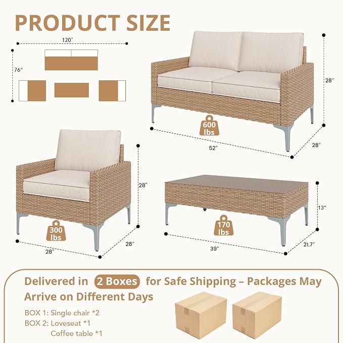 4-Piece Outdoor Patio Furniture Set Beige All-Weather Rattan Outdoor Couch with Coffee Table Outdoor Patio Sofa Seating with Cushions for Garden, Poolside, Porch