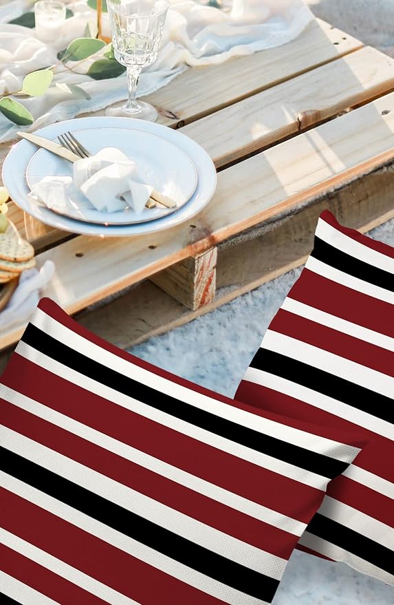 Outdoor Waterproof Pillow Covers for Patio Furniture Red Black and White Stripes Decorative Throw Pillow Cover Farmhouse Stripe Pillowcases Set of 2 Cushion Case for Sofa Couch Chair 24x24 in