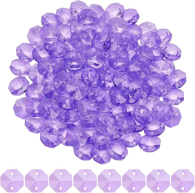 1 Box 120Pcs Glass Octagon Beads 2 Hole Crystal Prism Beads Purple 14mm Chandelier Replacement Connector Suncatcher Faceted Spacers for DIY Crafts Lamp Hanging Ornament Pendant Jewelry Adults