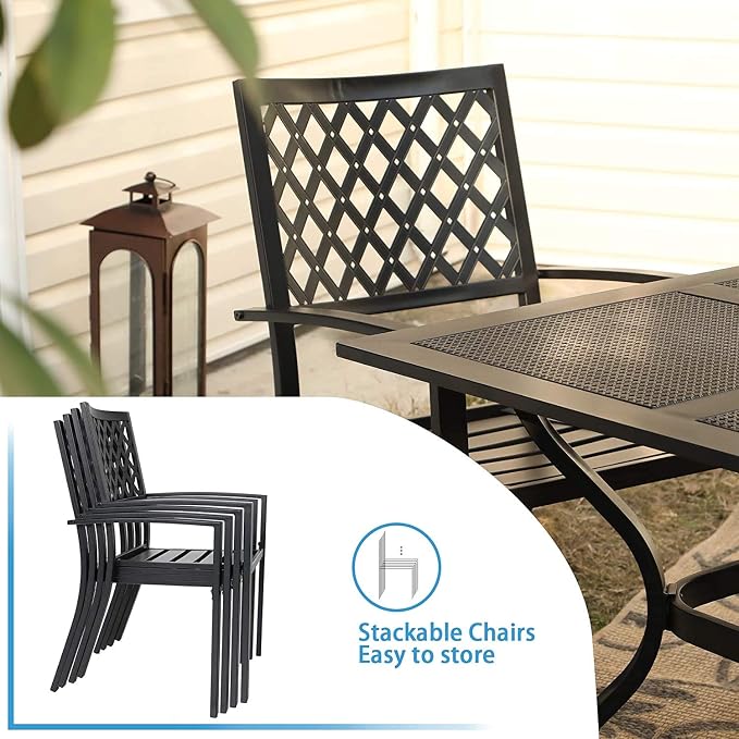 PHI VILLA Patio Dining Set for 4, Stackable Chairs&Square Steel Table | 37" Black Square Wrought Iron Table&Stackable Metal Steel Chairs,Outside Furniture Set for Patio,Deck,Backyard,Porch