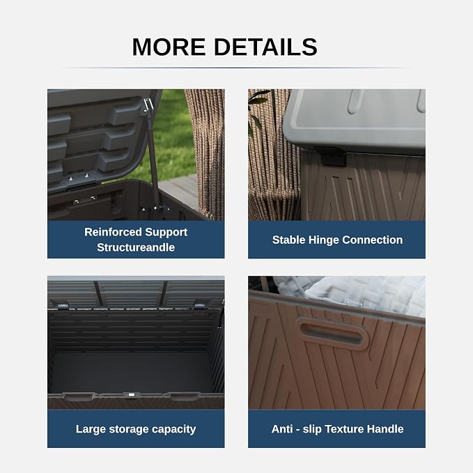 110 Gallon Outdoor Storage Box, Waterproof Patio Deck Box with Lockable Lid, Heavy-Duty HDPE Bench for Garden Tools, Cushions, Brown