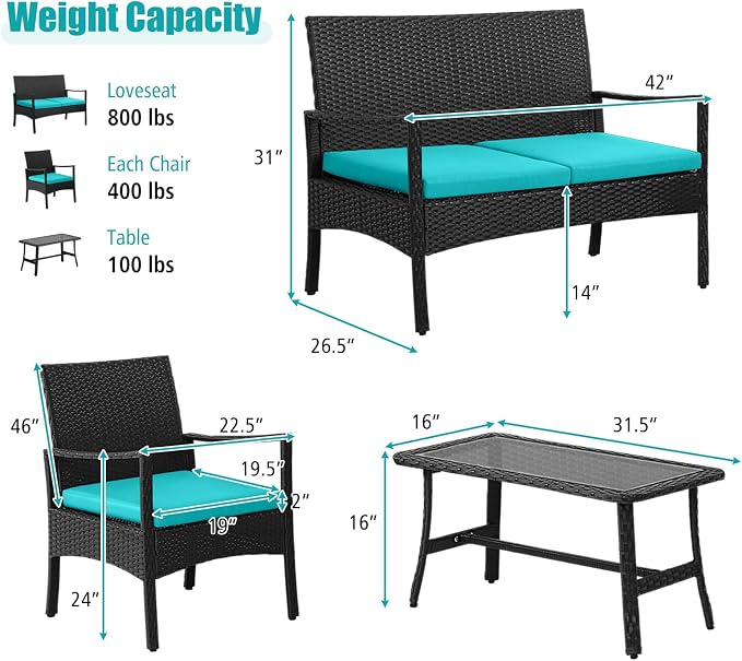Tangkula 4 Pieces Rattan Conversation Set, Patio Sofa Couch Set with Tempered Glass Coffee Table, Seat Cushions, Outdoor Wicker Loveseat Set for Poolside, Courtyard, Balcony (1, Turquoise)