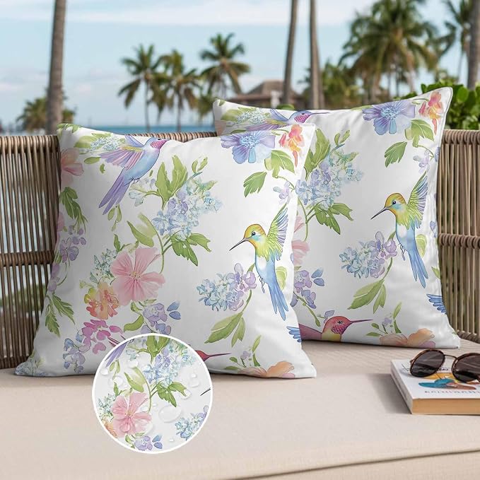 Spring Hummingbird Outdoor Waterproof Throw Pillow Covers Set of 2, 18"x18", Colorful Birds Floral Decorative Pillow Covers Outside Cushion Case for Patio Porch Garden