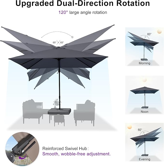 PURPLE LEAF 10' X 10' Swivel Outdoor Patio Aluminum Umbrella with Base Left-right Tilting Cantilever Offset Umbrella with UV Resistant Heavy Duty Fabric for Deck Pool Patio Backyard, Graphite Grey