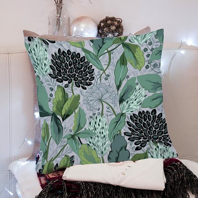 Chinoiserie Floral Outdoor Throw Pillow Covers Green Black Lotus Flower Waterproof Throw Pillowcase 20x20 in Modern Accent Throw Pillow Covers for Patio Furniture Tent Garden