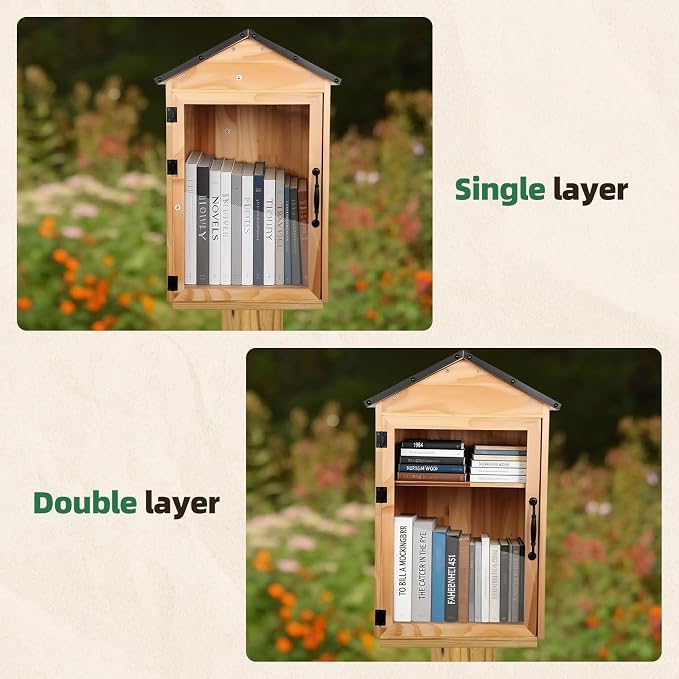 Little Free Library Box Outdoor – 2-Tier Outdoor Library Book Box with Adjustable Shelf, Weatherproof Wood, Free Little for Neighborhoods, Schools, Community