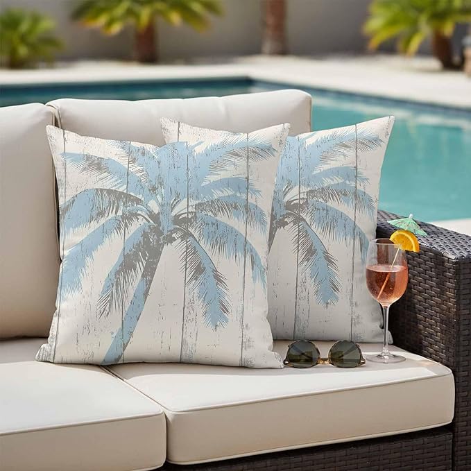 Palm Trees Outdoor Waterproof Throw Pillow Covers Set of 2, 16"x16", Light Blue Vintage Wood Grain Decorative Pillow Covers Outside Cushion Case for Patio Porch Garden
