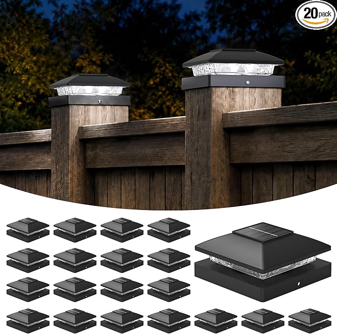 APONUO Solar Post Cap Lights for 4x4 Posts - IP64 Waterproof, 6500K LED, No-Wire Fence Lights & Deck Lights for Patio Garden Yard Patio, Black-Cool White, 20 Pack