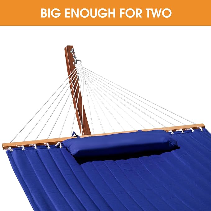 Lazy Daze Hammocks Double Quilted Hammock with 13 FT Curved Steel Heavy Duty Stand and Pillow for Outside, Backyard, Patio, 450 Lbs Capacity, Blue