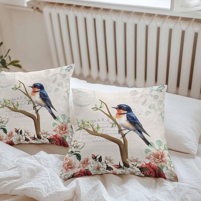 Spring Bird Branch Waterproof Outdoor Pillow Covers Set of 2 Home Decor, Farmhouse Vintage Botanical Floral Pillowcase Patio Pillow Covers for Couch Bench Furniture Garden 26x26in