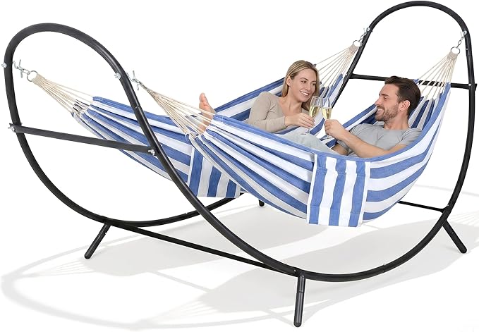 SUNCREAT Hammocks for Outside with Stand, Porch Hammock and Stand, 475 lbs Capacity, Patent Pending, Blue & White
