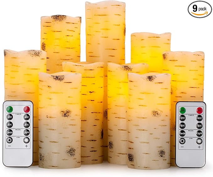 Enpornk Flameless Flickering LED Candles with Birch Bark Effect - Set of 9 Battery-Operated Real Wax Pillar with 10-Key Remote Control - 2/4/6/8 Hour Timer