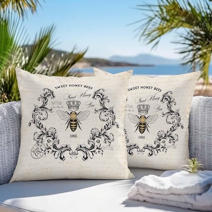 Sweet Honey Bees Outdoor Pillow Covers Pack of 2 Bees Farmhouse Retro Texture Waterproof Throw Pillow Covers Decorative Cushion Cases for Patio Garden Tent Balcony Couch 16x16 inch