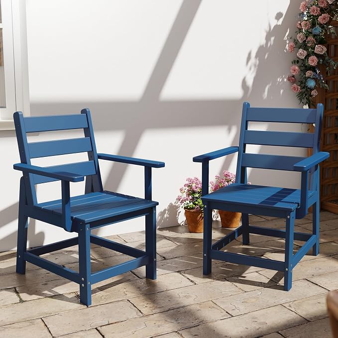 GREENVINES Patio-Chair | Outdoor Dining Chairs Set of 2 | HDPE Plastic | Removable Armrests | All Weather | for Backyard Deck Poolside Garden | Blue