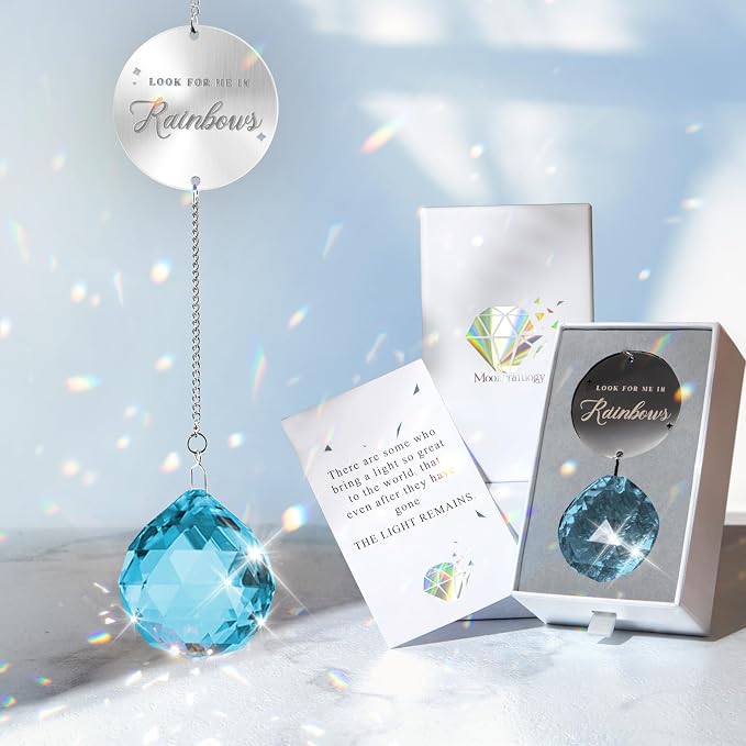 Mooncraftlogy Memorial Gifts for Loss of Loved One, Unique Sympathy Idea, Sky Blue Crystal Ball Grief Suncatcher, Rainbow Bereavement Box for Mom Dad Husband Son Daughter