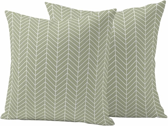 Outdoor Waterproof Throw Pillow Covers Set of 2 Sage Green Chevron Stripes Pillowcases 18x18 Inches Modern Geometric Texture Decorative Pillows Cushion Case Patio Pillows for Couch Bed Chair Garden