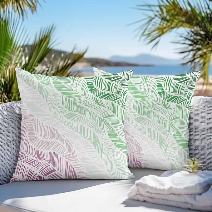 Vandarllin Outdoor Throw Pillows Covers 16x16 inch Set of 2 Waterproof Summer Beach Decorative Zippered Cushion Covers for Patio Furniture, Ombre Green Abstract Leaf Lines Lumbar Pillowcases