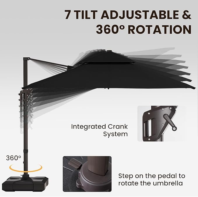 9 X 12 FT Cantilever Patio Umbrella with Led Lights Outdoor Heavy Duty Double Top Rectangle Offset Umbrellas with 360-degree Rotation for Pool Deck Backyard, Black