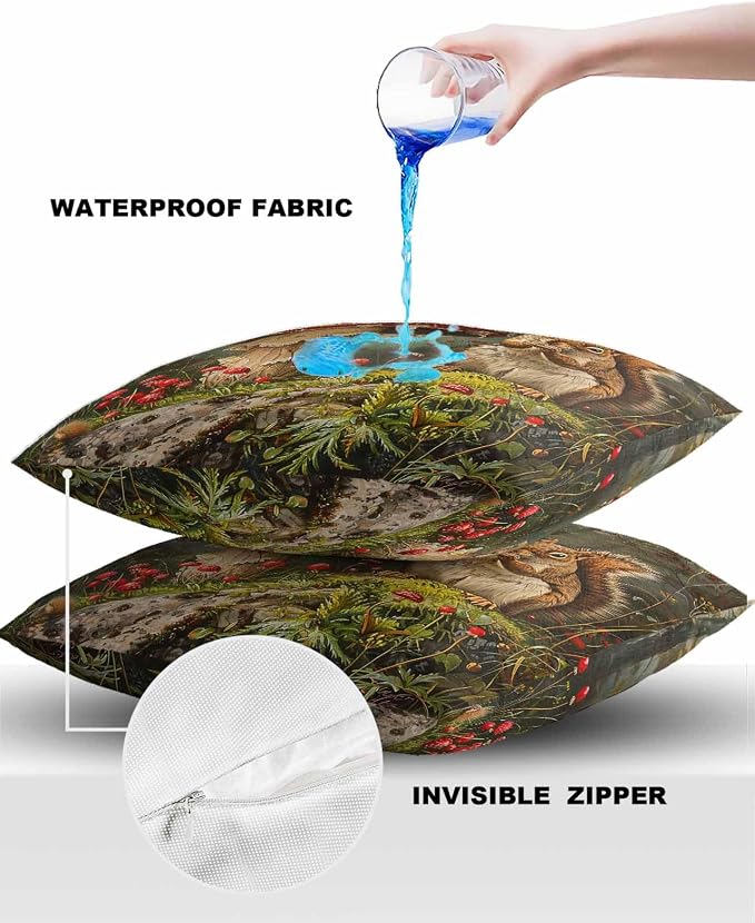 Outdoor Waterproof Throw Pillow Covers 24x24in, Fall Harvest Forests Mushrooms Cushions for Garden Patio Furniture Chairs Set of 2, Thanksgiving Squirrels Home Decor Couch Sofa Polyester Pillow Cases