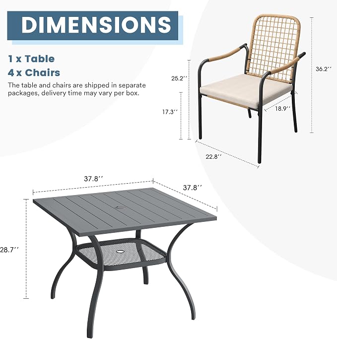 DIFY 5 Pieces Outdoor Dining Set, Metal Patio Table and Chairs Set for 4, 37.8" Square Dining Table with Umbrella Hole & Wicker Stackable Patio Chairs with Cushions, Grey Tabletop