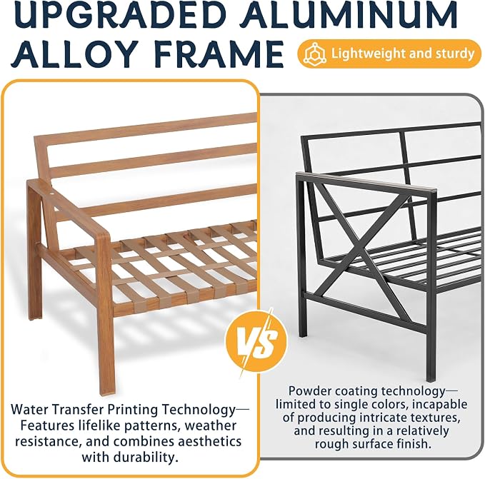 4-Piece Outdoor Patio Furniture Set, All-Aluminum Frame with Wood Grain Finish, Cushioned Loveseat, 2 Armchairs & Plastic Wood Coffee Table, Modern Patio Seating for Backyard & Balcony