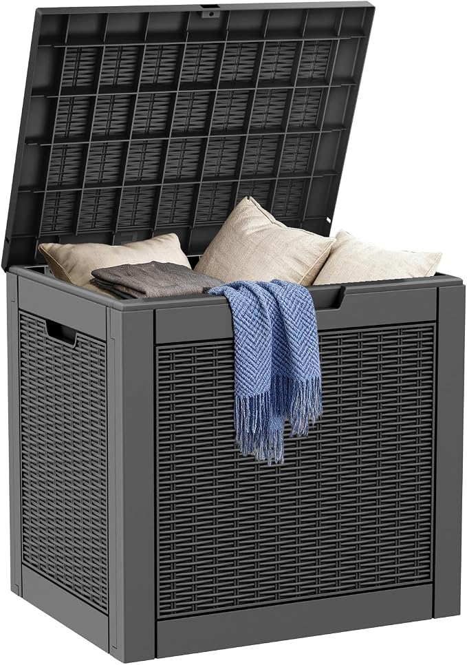 DRATO 31 Gallon Deck Box, Outdoor Storage Box for Patio Cushion, Garden Tools, Waterproof Resin Storage Box (Black, 31 Gallon)