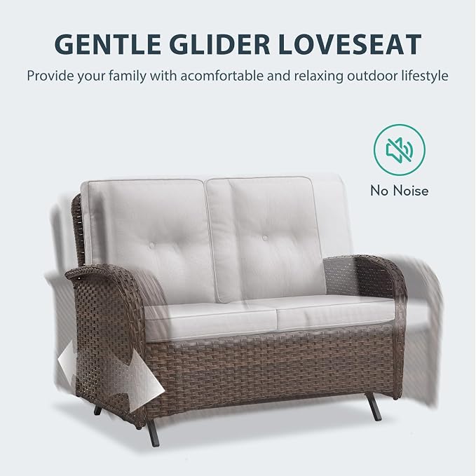 5 Piece Patio Furniture Set - Wicker Patio Conversation Set with Swivel Glider, Glider Loveseat, Tempered Glass Side Table and Coffee Table for Deck Backyard - Brown Wicker Beige Cushion