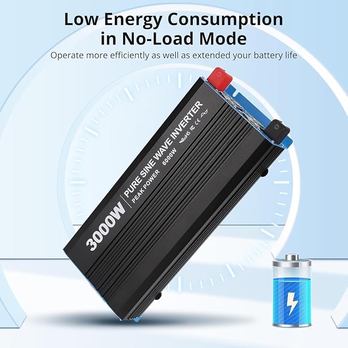 Power Inverter 3000 Watt Pure Sine Wave 12V DC to 110V/120V AC 6000W Peak Converter for Family RV Off Grid Solar System with 3 AC Outlets LCD Display Remote Control and 2.1A USB Charging Port