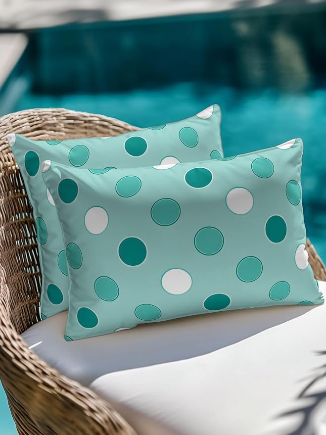 Waterproof Outdoor Pillow 1 Pack Teal Polka Dots Decorative Throw Pillows Cover & Insert 20x12 Inch Lumbar Pillowcase Funny Circles Spots Pillows for Couch Sofa Bed Patio Furniture Indoor Outdoor