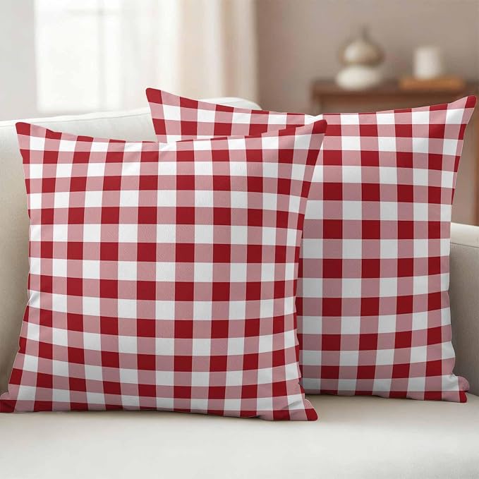 Outdoor Throw Pillow Covers,Red Pink and White Plaid Waterproof Decorative Pillowcases Cushion Cover Pastoral Farm Style Pillow Cases for Patio Couch Sofa Bed,16x16in Set of 2