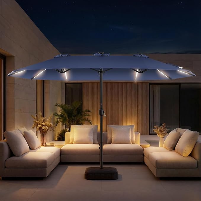 HOMSHADE 15FT Double Sided Umbrella with Light Strips and Base, Rectangle Oversized Patio Umbrellas, Extra Large Outdoor Table Umbrella for Pool, Patio, Garden (Navy Blue)