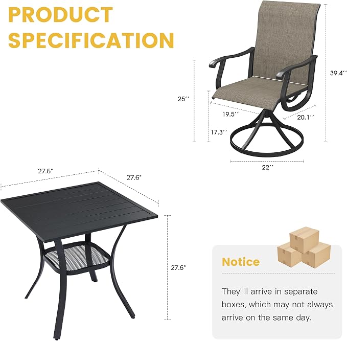 VICLLAX 3 Pieces Patio Dining Set for 2-28" Square Small Outdoor Table and 2 Patio Swivel Chairs for Lawn Garden, Black Tabletop and Mixed Brown Fabric