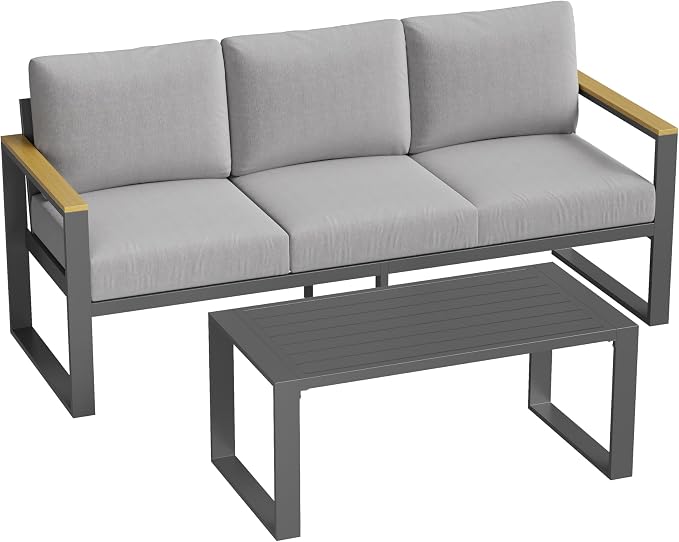 Modern Aluminum Patio Chair Set - All-Weather Metal Outdoor Furniture with Thick Washable Cushions - Includes 3-Seat Sofa and Coffee Table - Ideal for Balcony, Garden, Deck, Backyard - Gray