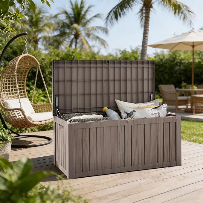 120 Gallon Outdoor Deck Boxes, IP68 Waterproof Outdoor Storage Box with Hydraulic Lid Support, Outside Resin Container for Furniture, Toy, Shoe, Garden & Patio Tools Storage -Brown