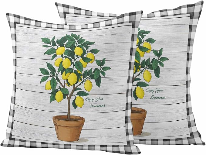 Summer Yellow Lemons Outdoor Waterproof Pillow Covers Set of 2, Green Leaf Botanical Gardens Wood Grain Plaid Pillowcase Decorative Throw Cushion Cases for Patio Garden Couch 20 x 20 Inches