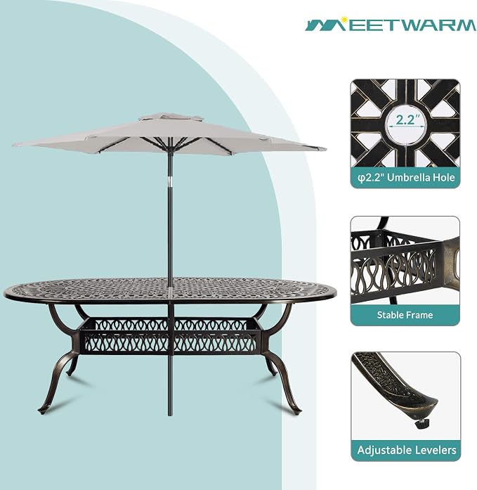 MEETWARM 9-Piece Outdoor Patio Dining Set, All-Weather Cast Aluminum Patio Conversation Set with 6 Stationary, 2 Swivel Rocker Chairs, 1 Oval Table, 8 Cushions, 2" Umbrella Hole, Navy Blue