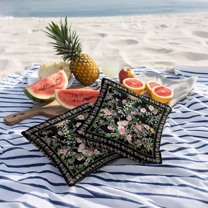 Vandarllin Outdoor Throw Pillows Covers 18x18 inch Set of 2 Waterproof Pink Floral Bird Decorative Zippered Cushion Covers for Patio Furniture, Green Leaves Branches Black Lumbar Pillowcases