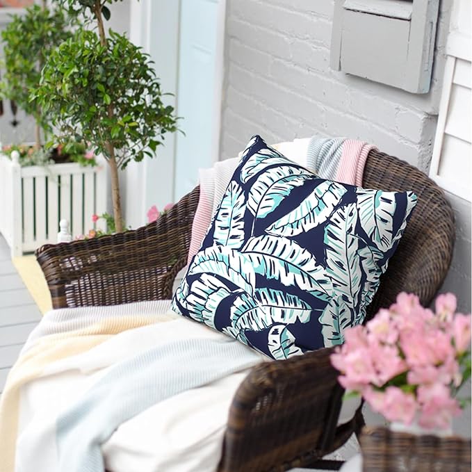 Outdoor Pillows for Patio Furniture 18x18 inch, Square Outdoor Throw Pillows with Inserts, Decorative Toss Pillows for Garden Couch Home Sofa Office Chair, Pack of 2, Baltic Palms White