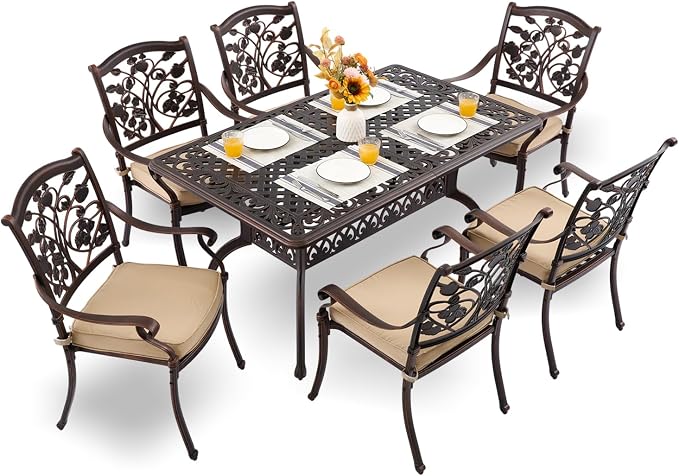 7-Piece Cast Aluminum Outdoor Dining Set, Copper Red Patio Furniture for 6 Includes 60" Rectangular Dining Table and Unique Strawberry & Leaf 6 Stackable Chairs with Cushions & Umbrella Hole