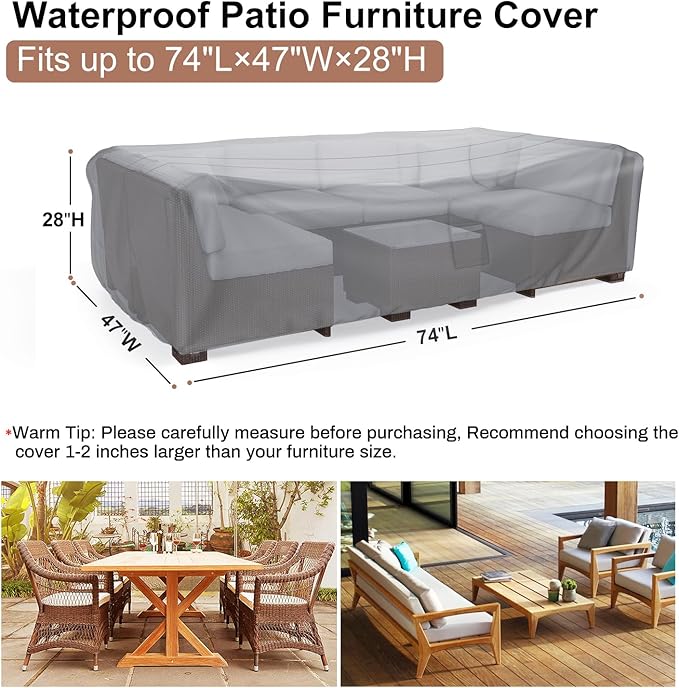 Mrrihand Heavy Duty Patio Furniture Covers, Outdoor Furniture Covers Waterproof Sectional Sofa Set, Patio Table and Chair Set Cover 74" L×47" W×28" H,Grey