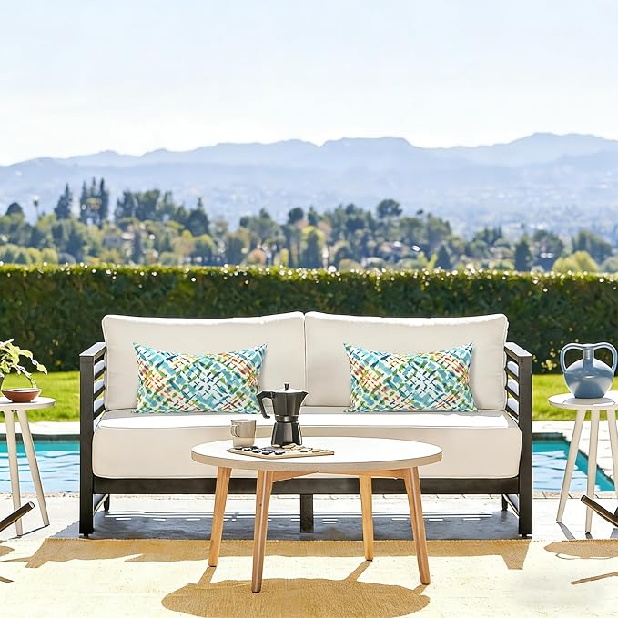 LVTXIII Outdoor/Indoor Lumbar Pillows, Decorative Patio Lumbar Cushions, Fluffy Water Repellent Garden Cushions for Home Patio Coach Sofa Use, 12×20 Inch, Pack of 2, Acapa Opal Geometric