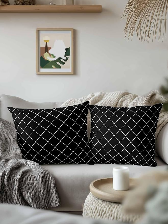 Waterproof Outdoor Pillow 1 Pack Black Grid Plaid Decorative Throw Pillows Cover & Insert 16x16 Inch Pillowcase Diagonally Crossed Lines Pillows for Couch Sofa Bed Patio Furniture Indoor Outdoor