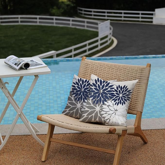 DFXSZ Pack of 2 Outdoor Waterproof Throw Pillow Covers 16x16 NavyBlue Grey | Polyester Colorful Spring Summer Floral Decorative Cushion Cases(NO INSERT),For Couch Patio Funiture Garden Home Decor
