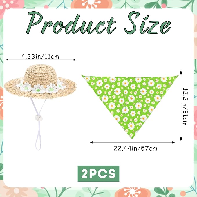 Spring Porch Goose Outfit - 2Pcs Green Daisy Flower Summer Goose Clothes with Floral Straw Hat & Bandana Bib, Lawn Garden Decor Accessories for 23 Inch Cement/Plastic Statue