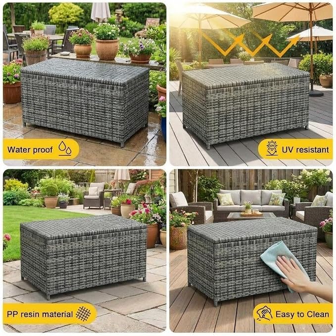 GarveeLife Medium Outdoor Wicker Storage Box, PE Rattan Patio Storage Chest with Steel Frame, Compact Deck Storage Box for Cushions, Toys & Outdoor Essentials – Brown Wicker