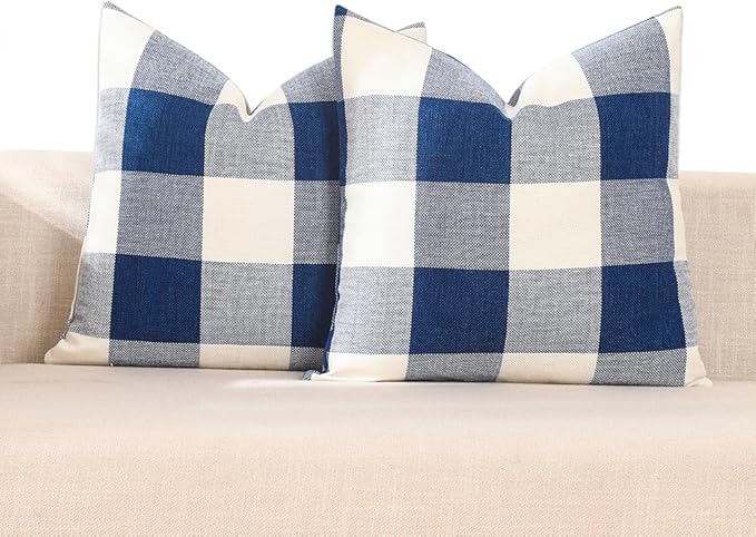 CARRIE HOME Outdoor Navy Blue and White Buffalo Plaid Throw Pillow Covers 18x18 Royal Blue Decorative Farmhouse Throw Pillows 18 x 18 for Bed Room and Couch