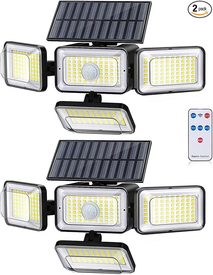 Solar Lights Outdoor Waterproof, 288 LED 2800LM Motion Sensor Outdoor Lights with Remote Control, 4 Head Solar Flood Lights Outdoor for Patio, Garage, Yard, Wall, IP65 Security Lights 2 Pack