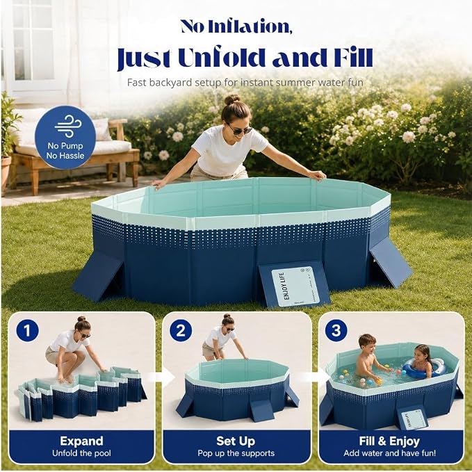 Large Foldable Pool, Non Inflatable Pool with 4-Layer Composite PVC, Sturdy Triangular Support Boards, Double Drains, Foldable Outdoor Pool for Backyard Kids & Adults, 5 Sizes