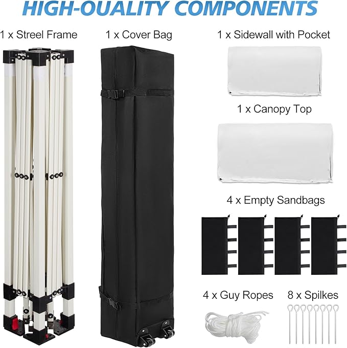 WEIZE 10x10 Pop Up Canopy Tent, 1-Button Push Setup Canopy Tent with 1 Sidewall, Adjustable Height Instant Portable Shelter, Portable Roller Bag,Easy Outdoor Sun Shade for Events,4 Weight Bags,White