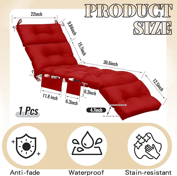 Kigley 2 Pcs Outdoor Chaise Lounge Cushions with 3 Side Pocket 74.5 x 22 x 4.7 Inch Patio Chaise Lounge Cushion, Water-Repellent and Fade-Resistant Tufted Summer Replacement(Red)
